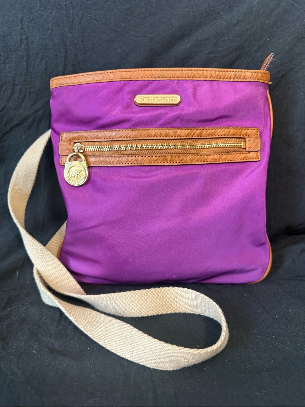 Michael Kors Kempton Nylon Crossbody Bag Purple with Gold Tone Logo Hardware